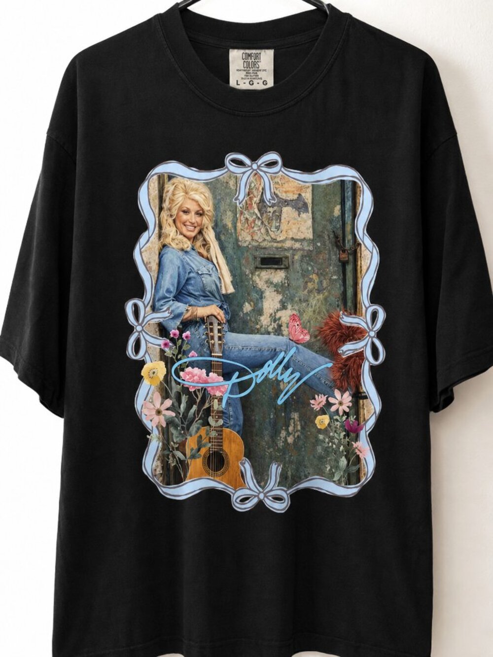 Dolly Parton Denim Floral Shirt, Retro Blue Bow Ribbon Country Singer Graphic Te